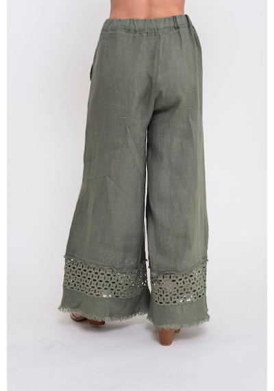 Bohem Stil İtalyan Fisto Detaylı Keten Pantolon-8748 Haki