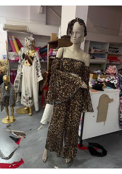 Na Addesıgn Leopar Desenli Şifon 3 Lü Plaj Takımı İspanyol Kol Crop Set Leopar