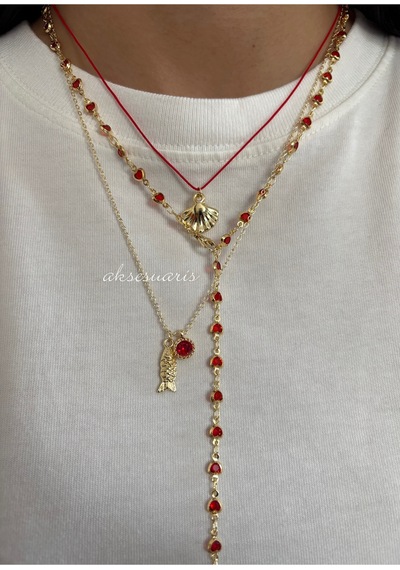 3'lü Kadın Gold Charm Kırmızı Kalp Dekolte Kolye Kombin Altın Altın