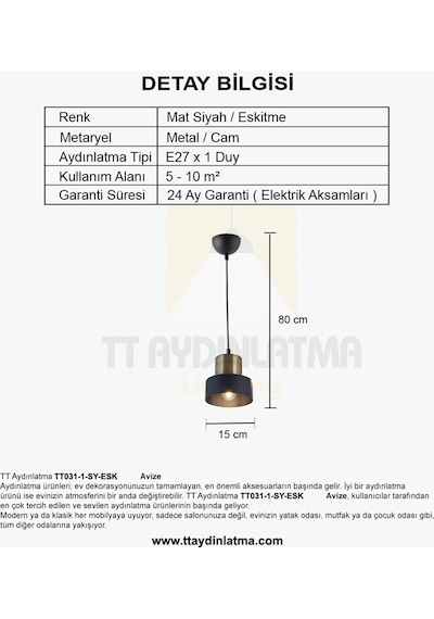Tt031-1-Sy-Esk Tt Aydınlatma Mat Siyah-Eskitme Tekli Avize