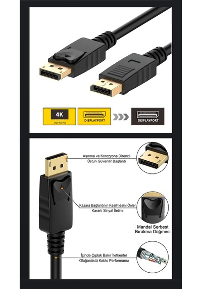 300cm Monitör Kablosu Ultra Hd 4k 1.2 Dp Displayport To Displayport Yüksek Kalite Görüntü Ve Ses Aktarımı