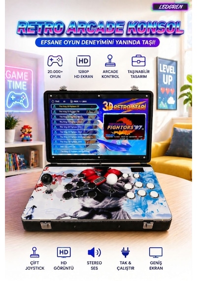 Premium Metal Arcade İki Kişilik Oyun Konsolu - 17 İnç Ekran, 20000+ Oyunlu, Katlanabilir Taşınabilir Retro Konsol