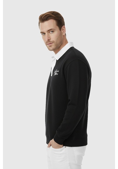 Deepsea Erkek Siyah Relax Fit İçi Polarlı Polo Yaka Sweatshirt Pamuklu Kalın Sweatshirt 2600762 Siyah
