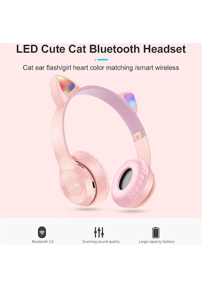 Mmpshop P47M Sevimli Kedi Bluetooth Kablosuz Mikrofonlu RGB Kulak Üstü Kulaklık