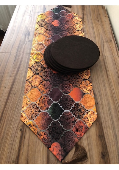 Kahve Rengi Moroccan Desenli Runner & Supla Siyah