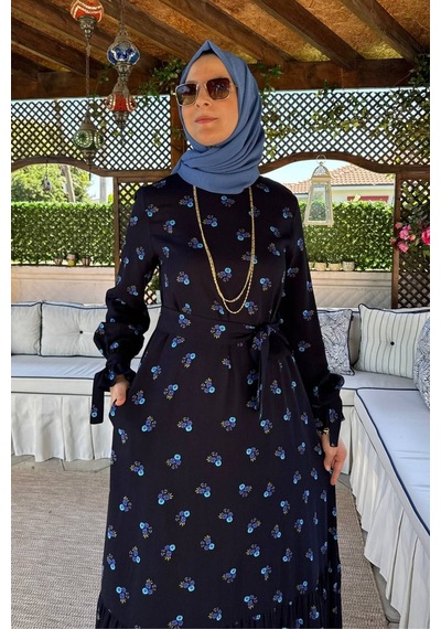 Rabia Şamlı Gül Mavi Çiçekli Elbise Normal