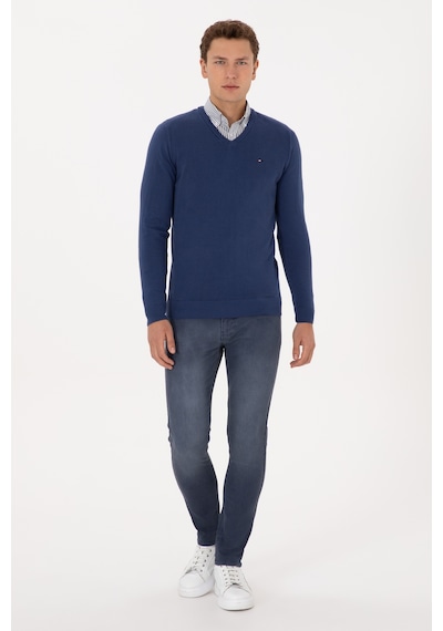 U.S. Polo Assn. Erkek Slim Fit V Yaka İndigo Basic Kazak 50313668-VR028