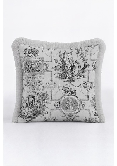 Vintage Toile De Jouy Saçaklı Yastık Kılıfı - Klasik Pastoral Gri Krem Vizon Püsküllü Kırlent Kılıfı Kahverengi