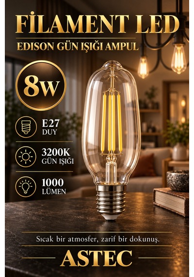 Astec E27 Edison Gün Işığı Ampul 8 Watt 3200k Gün Işığı Dekoratif Filament Led