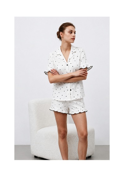 Fit Women Kadın Premium Fırfırlı Beyaz Pijama Takımı