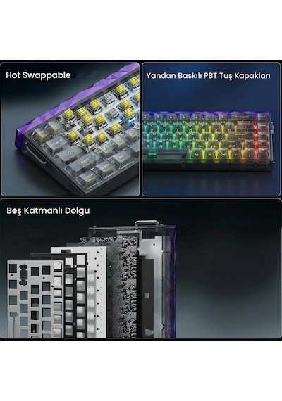 Aula Hero 68 He Manyetik Klavye Rapid Trigger Jade King Switch 8000hz Rgb Neon Tkl Hot Swap Oyuncu Klavyesi Şeffaf Siyah