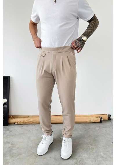 Bej Kemer Detaylı Regular Fit Kumaş Pantolon