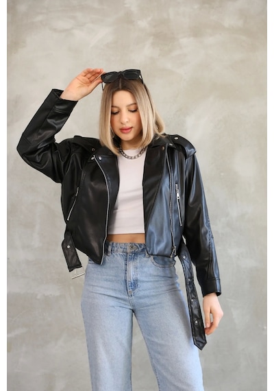 Genculus Kemerli Crop Deri Oversize Kadın Yeni Sezon Ceket Çok Renkli