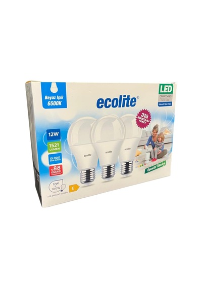 Ecolite 12w Led Ampul 3'lü Paket / 1521 Lümen, 6500k Beyaz Işık, 100w Eşdeğer, E27 Duy, Enerji Tasarruflu, 220v, D Diğer