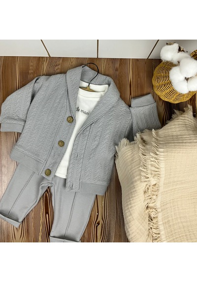 Concept Kids Triko Ceket Pantolon Ve Badili Üçlü Takım Açık Gri