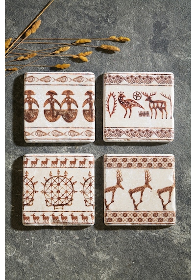 Hitit 4'lü Traverten Bardak Altlığı Çok Renkli