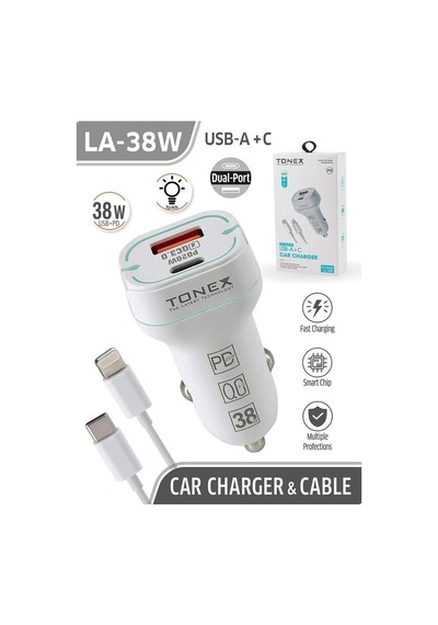 Tonex 38w 2 Girişli Type-c To Lightning Kablolu Araç Şarjı Işıklı La-38w