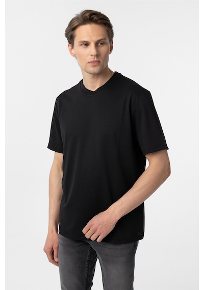 Süvari Siyah Slim Fit Armürlü Bisiklet Yaka Tişört-37357 Siyah