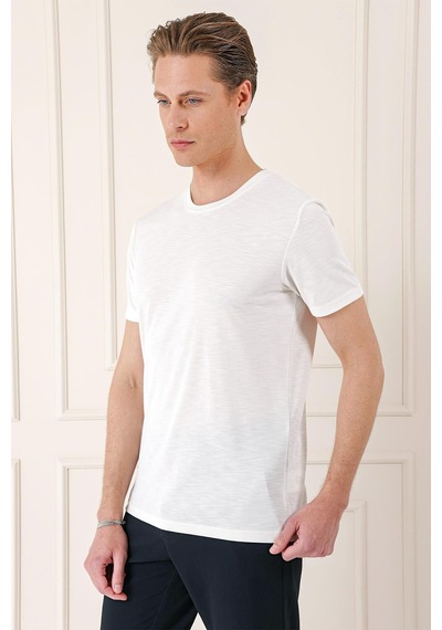 Efor Slim Fit Bisiklet Yaka Doku Desenli Pamuklu Ekru Tişört Ts 881 Ekru