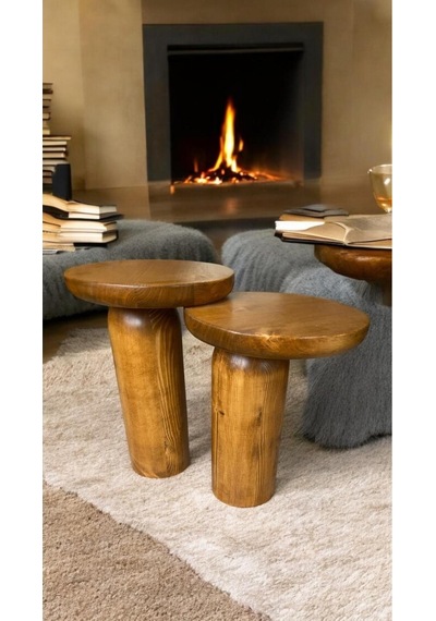 Wood Ahşap 2 Li Set Mantar Tik Ağacı Renk Yan Sehpa Modern Fiskos / Çiçeklik / Zigon Ceviz