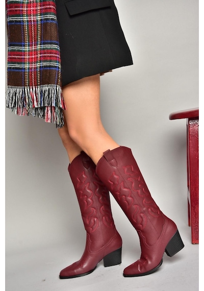 Fox Shoes T296815009 Bordo Kovboy Model Kadın Çizme Bordo-suni Deri Bordo