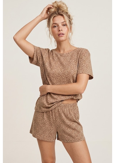 Siyah İnci Örme Şortlu Pijama Takım 8056 Vizon Leopar