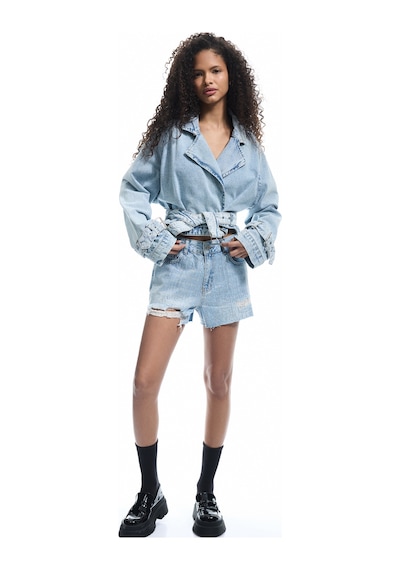 Koton Yüksek Bel Rahat Kesim Pamuklu Yırtık Mini Denim Şort Orta İndigo 5sal40003md Indigo