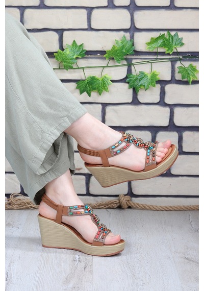 Vojo Heel Taş Detaylı 8 Cm Dolgu Topuklu Kadın Sandalet 267800001859 13 Taba Taba