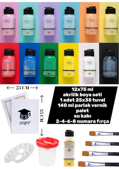 12x75 Ml Akrilik Boya Seti 1 Adet 25x35 Tuval 140 Ml Parlak Vernik Palet Su Kabı 2-4-6-8 Fırça