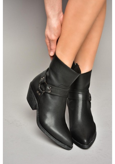 Fox Shoes T404400609 Siyah Kalın Topuklu Kadın Bot Siyah-Suni Deri Siyah