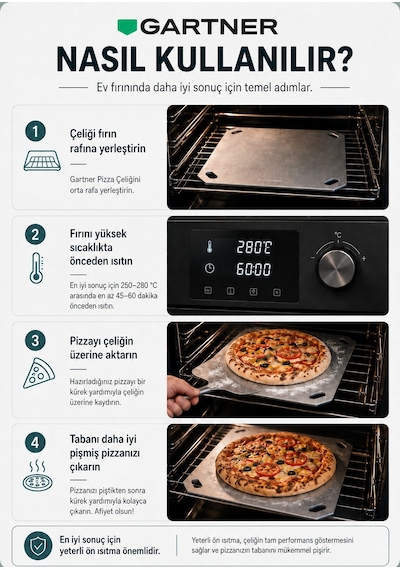 Gartner Pizza Çeliği - Pizza Taşı- Taş Fırın Lezzeti- 304 Paslanmaz Çelik - 36x33 Cm Gri