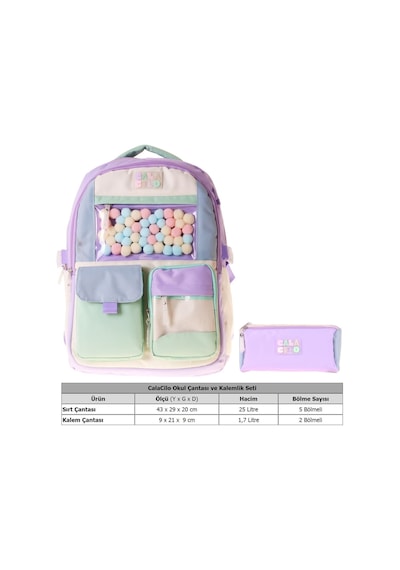 Calacilo Virgo Kız Çocuk Virgo Ponpon Aksesuarlı Okul Sırt Çantası Ve Kalemlik Seti - Setcc-c4092c Yeşil - Lila