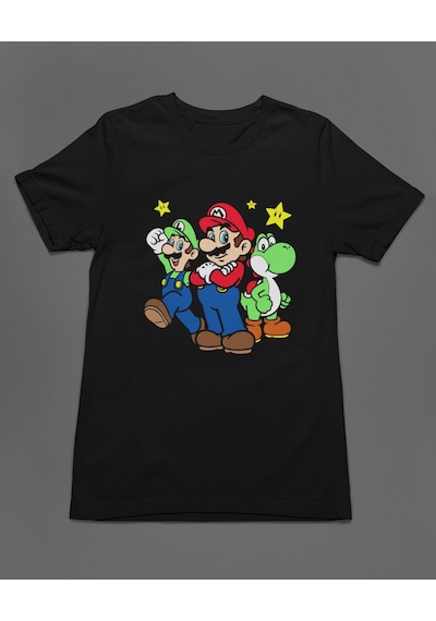 Bumeta Super Mario Game Lugi Yoshi Unisex Tişört T-shirt Siyah