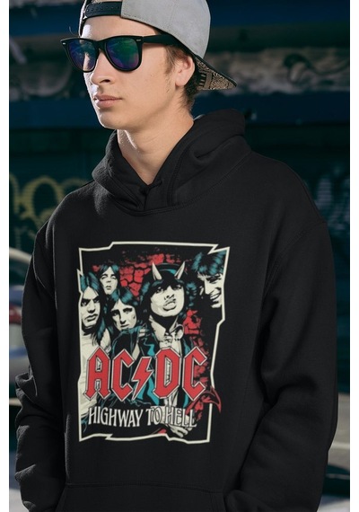 Sevbano Ac Dc Highway To Hell Baskılı Unisex Oversize Rock Metal Hoodie Siyah