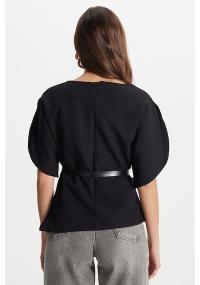 Tudors Kadın Slim Fit Dar Kesim Kol Detaylı İnce Kemerli Fermuarlı Siyah Bluz Gömlek-50758