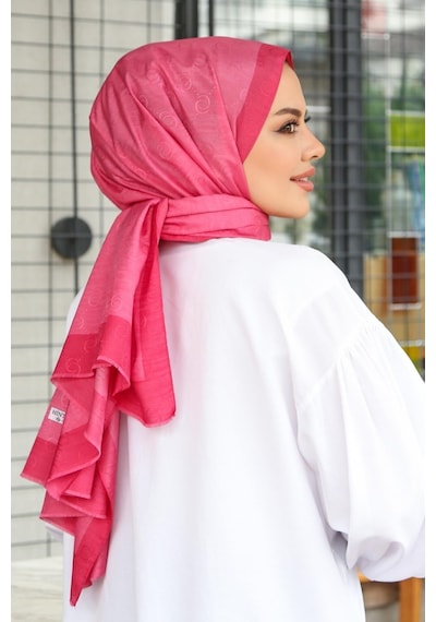 Premium Lux Original Monogram Şal İpek Vual, Yüksek Kalite, Hafif, Rahat, Şık, Tesettür, Shawl Fuşya