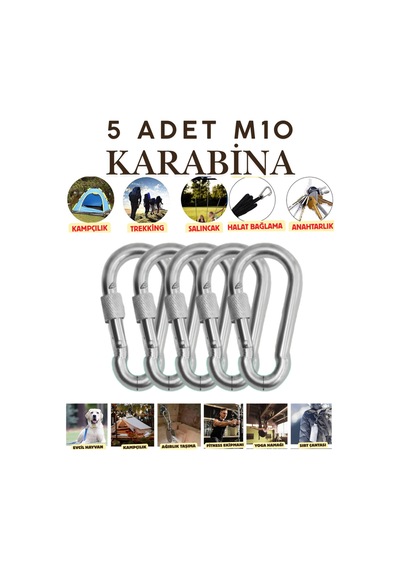 5 Adet 10 Mm Kilitli Karabina Paslanmaz Çelik Karabina Kamp Ekipman Tırmanma Dağcılık Salıncak Hamak Gümüş Gümüş