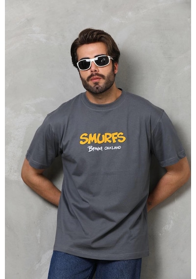 Novalisse Erkek Kısa Kol Yazlık Tişört Bisiklet Yaka Baskılı Oversize T-shirt - Füme Çoklu Renk