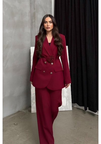 Msm Fashion Kadın İkili Blazer Ceket Pantolon Takım Aksesuar Ve Düğme Detaylı Bol Paça Bordo Msm Fashion Kadın İkili Blazer Ceket Pantolon Takım Aksesuar Ve Düğme Detaylı Bol Paça Bordo