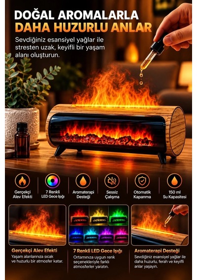Lbk Şömine Görünümlü Hava Nemlendirici 150 Ml 7 Renk Led Işıklı Ultrasonik Hava Nemlendirici Ahşap