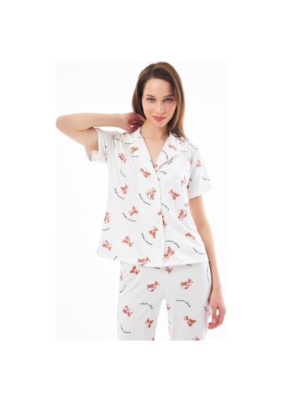 Cottonhill Premium Kadın Pijama Takımı Ayıcık Desenli Yumuşak Dokulu Kısa Kollu Gömlek Yaka Krem