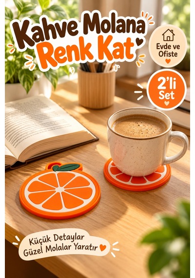 Portakal Desenli Bardak Altlığı 2'li 10 Cm Turuncu Meyve Figürlü Masa Ve Sehpa İçin Dekoratif Altlık