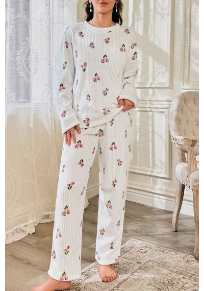 Bella Notte Çiçek Desenli Fitilli Pamuklu Uzun Pijama Takımı Kırık Beyaz