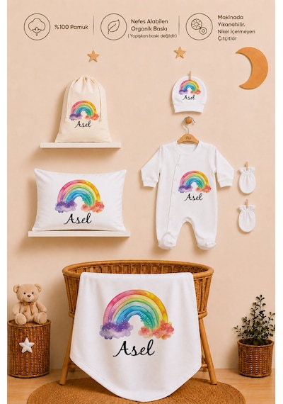 Pia Baby Kız Bebek Hastane Çıkışı 12 Parça %100 Pamuk İsme Özel Organik Baskılı Kese Hediyeli 101911k0x Ekru