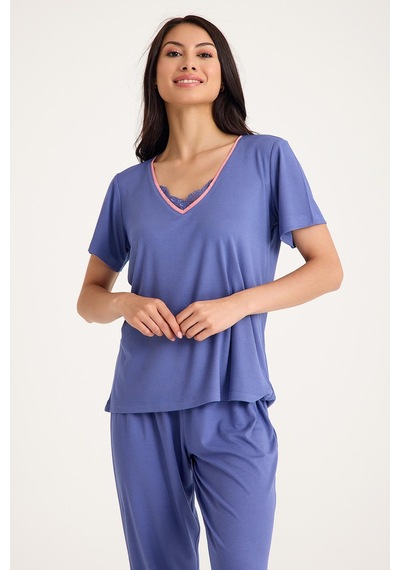 Amarelle Dream Gri Mavi 4 Lü Viskon Pijama Takım Seti Mavi