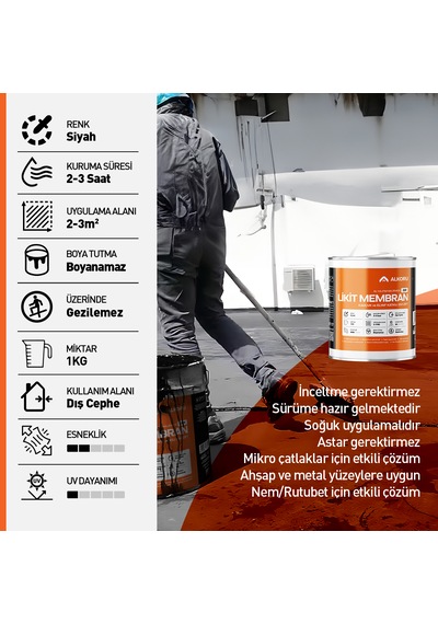 Alkoru 1 Kg Zer Sıvı Zift Likit Membran Kauçuk Ve Elyaf Katkılı Su Yalıtım Malzemesi