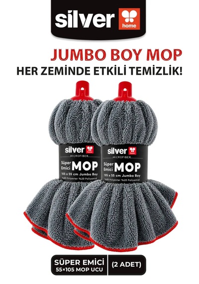 Ekstra Kalın Ve Büyük Kıl Tüy Toplayan Süper Emici Mikrofiber Yedek Mop Ucu 2'li Gri