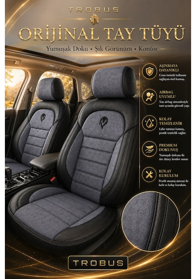 Renault R9 Broadway 1990-2000 Uyumlu Lion Serisi Tay Tüyü Füme Siyah Premium Koltuk Kılıfı