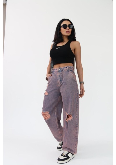 Skater Fit Kızıl Tint Yırtık Jean Mavi+kızıl Tint