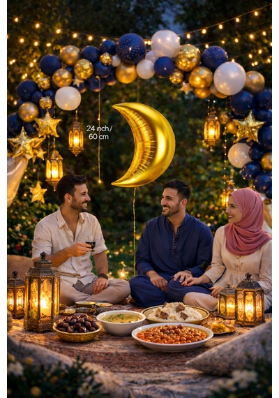 Gold Hilal Ay Folyo Balon, Altın Sarısı Ramazan Bayramı Islam Dini Oda Konsept Mekan Süsleri 60 Cm